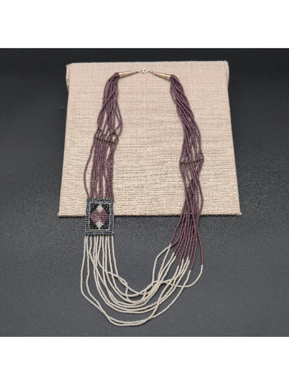 26 Inch Sterling Silver Purple and White Seed Bead Southwestern Necklace B1536